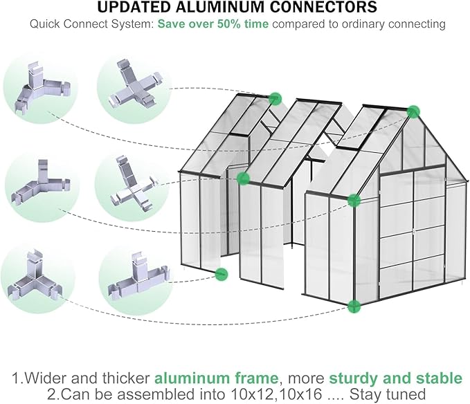 CDCASA 12.4x10.2x10 FT Greenhouse for Outdoors,Easy Assembly Large Polycarbonate Greenhouse Aluminum Heavy Duty Greenhouses w/2 Vents, Swing Door, Walk-in Green House for Patio, Backyard, Garden