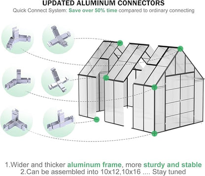 CDCASA 12.4x10.2x10 FT Greenhouse for Outdoors,Easy Assembly Large Polycarbonate Greenhouse Aluminum Heavy Duty Greenhouses w/2 Vents, Swing Door, Walk-in Green House for Patio, Backyard, Garden