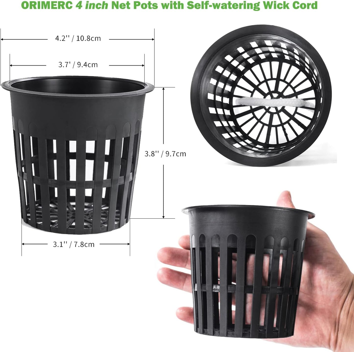 ORIMERC 40 Pack Net Pots 4 inch Net Cups Pots for Hydroponics Supplies with 60 feet Self Watering Wick for Aquaponics Buckets Insert Orchid kratky Vegetable Gardening Grow Netted Baskets Slotted Mesh