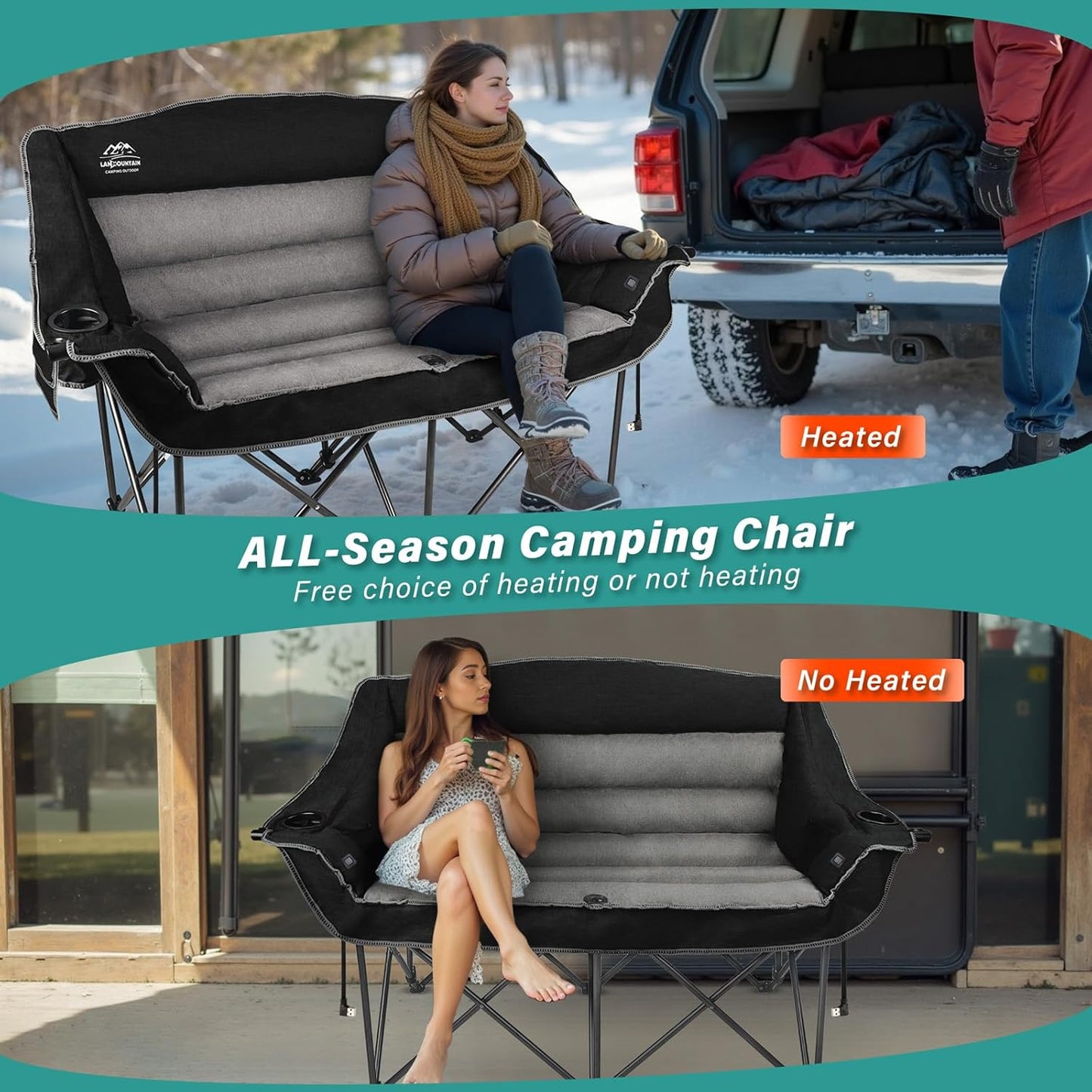 Heated Double Camping Chairs,3 Heat Levels Padded Portable Loveseat w/Wine Glass Holder,Cup Holder,Heating Outdoor Camp Couch Support 600 Lbs,Black,Battery NOT Included