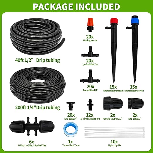 240FT Drip Irrigation System,Automatic Drip Irrigation Kit with 1/2 inch Hose 1/4 inch Distribution Tubing and Accessories,for Lawn Raised Bed Greenhouse Plant Watering System