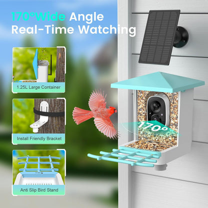 Smart Bird Feeder with Camera, AI Identify 16,000+ Birds, 5W Solar, 170° View, Motion Detection – Ideal Gift for Bird Lovers