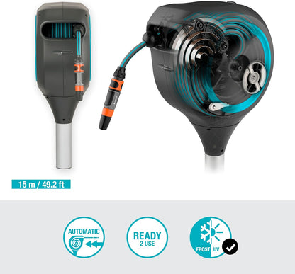 GARDENA 18604 | 50' x 1/2" Automatic Retractable Garden Hose Reel for Outside Use on Metal Spike With Easy Swivel for Simple Watering of Gardens and Grass. Easy Installation in Ground