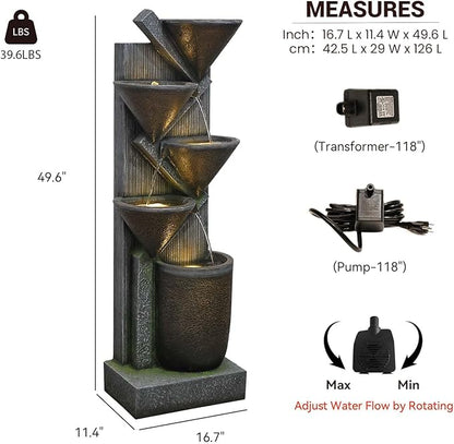 49.6" H Water Fountain Outdoor with LED Lights & Pump, 5-Tier Cascading Outdoor Fountain for Garden,Patio,Porch,Backyard,Home Art Decor (Brown)