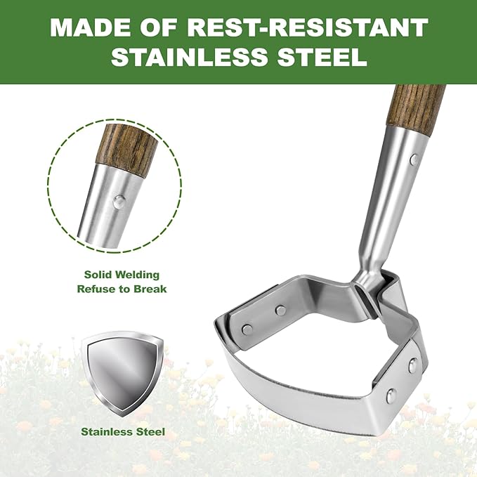 Haliaeetus Hula Hoe, 58'' Stainless Steel Stirrup Hoe, Action Hoe for Weeding in Push-Pull Motion, Scuffle Hoe with Comfortable Wood Long Handle for Standing to Weed on Flower Bed and Between Plants