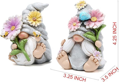 Hodao Set of 2 Spring Gnome Decorations Flower Gnomes Ornaments Decor Summer Outdoor Figurines Spring Elves for Porch, Garden Yard, Flower Bed Garden Gifts for Women, Mom (Grey)