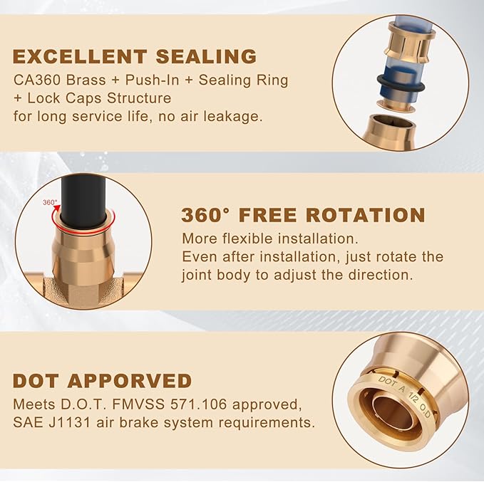 1/2" Quick Push to Connect Fittings Brass Union Tee Shaped Joint DOT Approved 1/2 Inch OD 3 Way Tube Air Line Adapter Air Spring Suspension Kit for Car Truck Trailers and Air Brake System 2pcs