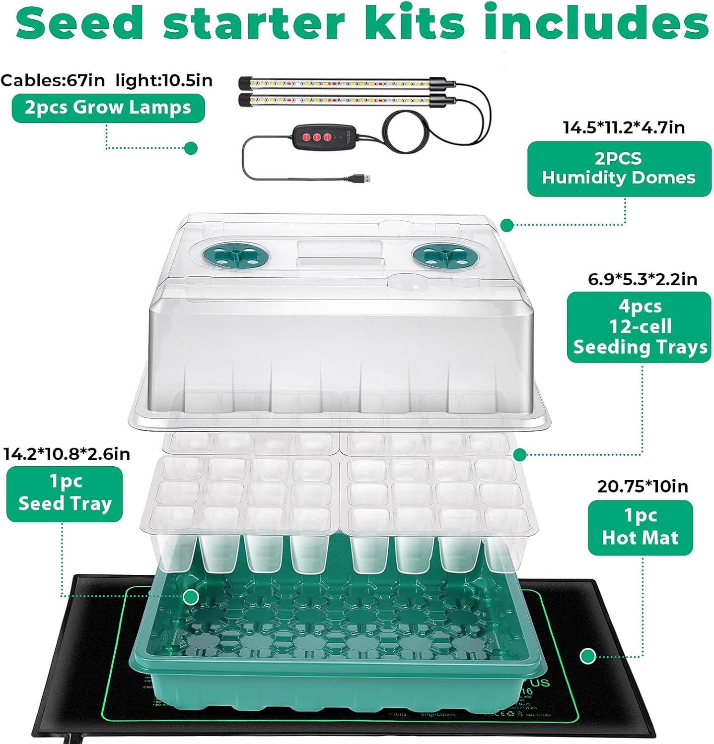Seed Starter Tray, 96-Cell Seed Growing Tray with Grow Lights, Heat Mat, Indoor Gardening Plant Germination Trays (Green, 5 x 14.5 x 11 inches)