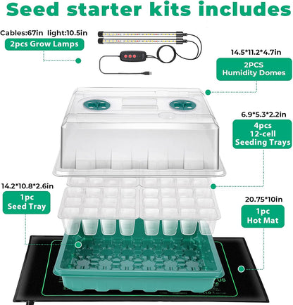 Seed Starter Tray, 96-Cell Seed Growing Tray with Grow Lights, Heat Mat, Indoor Gardening Plant Germination Trays (Green, 5 x 14.5 x 11 inches)