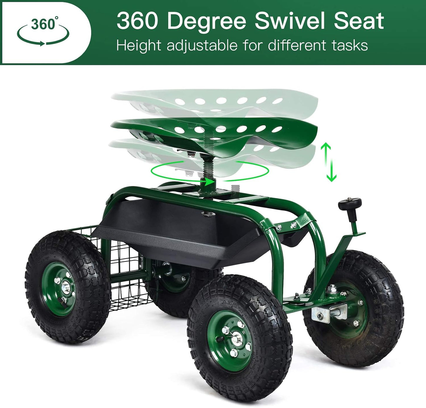 Giantex Garden Cart with Seat, Rolling Garden Seat with Wheels, Tools Basket, 360 Swivel Gardening Workseat, Adjustable Height, Wagon Scooter for Patio Lawn Yard, Outdoor Steerable Stool (Green)