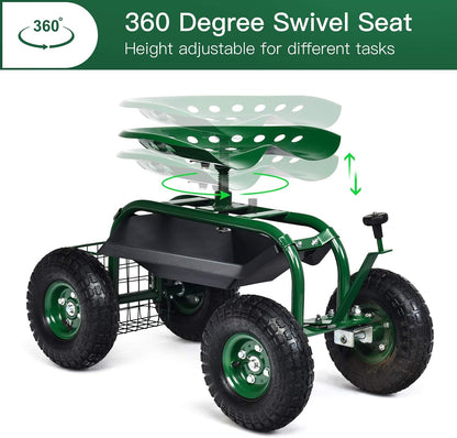 Giantex Garden Cart with Seat, Rolling Garden Seat with Wheels, Tools Basket, 360 Swivel Gardening Workseat, Adjustable Height, Wagon Scooter for Patio Lawn Yard, Outdoor Steerable Stool (Green)