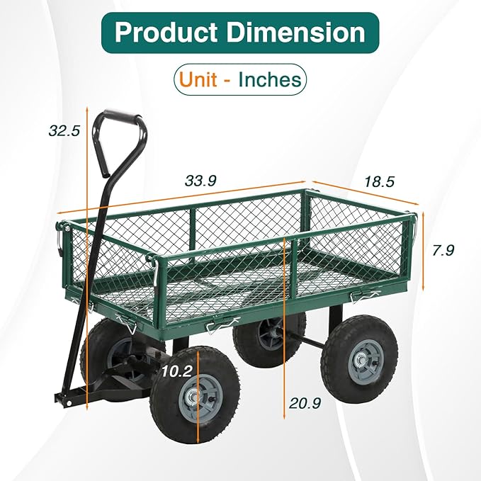 FDW Garden Cart Streel Heavy Duty 500 LBS Capacity，Utility Cart Wagon with Removable Sides and 180°Rotating Handle for Yard, Lawn and Garden Hauler (Green)