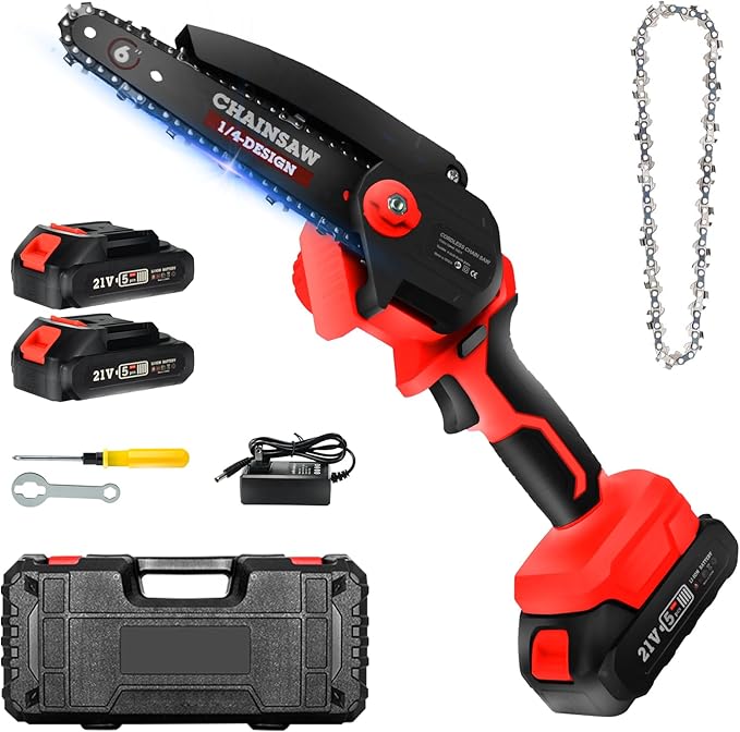 Mini Chainsaw Cordless Portable 6 Inch Handheld Chain Saw with Security Lock Small Electric Chainsaw with 2 Rechargeable Batteries for Wood Cutting Tree Trimming Gardening Camping