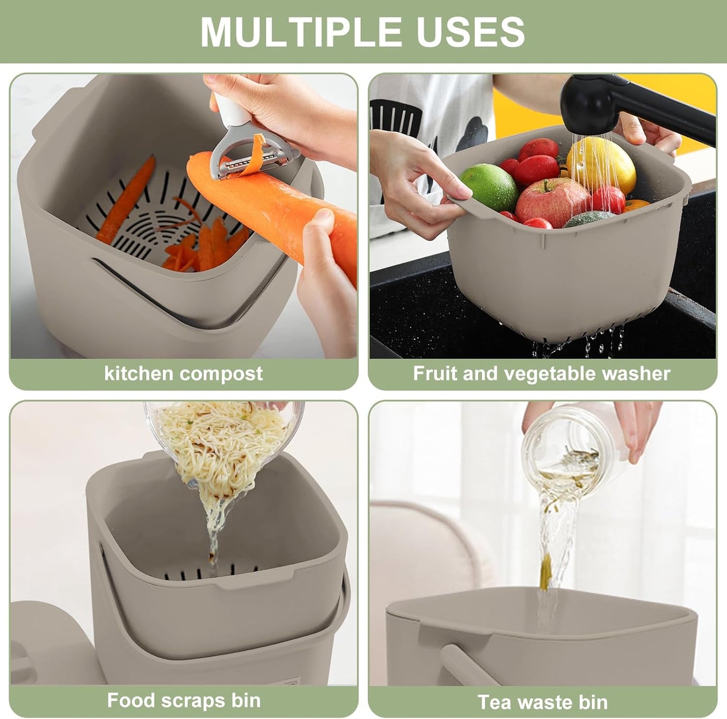 Stylish Kitchen Compost Bin- 1.85 Gal/ 7L Countertop Compost Bin with Lid, Inner Sieve for Separating Liquid from Food, Easy to Clean (Khaki, 1.85GAL)