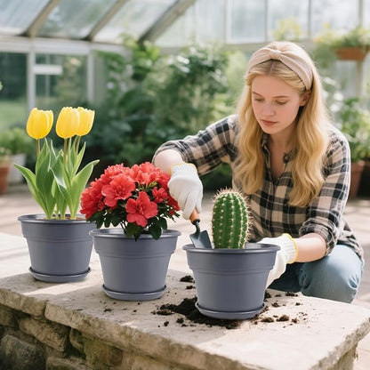 8-inch-Plant-Pots-Indoor-Outdoor, 4 Pack Plastic Planters with Drainage Holes & Saucers, Resin Flower Pots with Trays, Classic Garden Pot Container for House