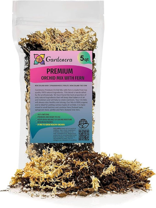 Gardenera Premium Orchid Mix by GARDENERA | Fern + New Zealand Pine Bark + Sphagnum Moss + Perlite | Best for Growing and Repotting Orchids - 5 Quart Bag