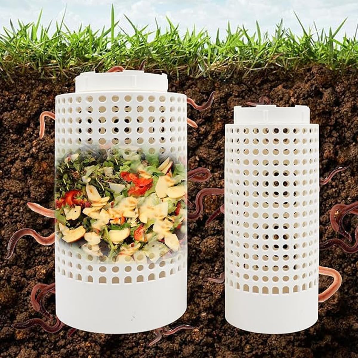 Inground Garden Compost Bin Underground Worm Farm Compost Bin Reducing Food Waste Composting Systems Suitable for Garden, Vegetable Patch, Backyard (White, 10.24 x 4.33 x 4.33 Inch)