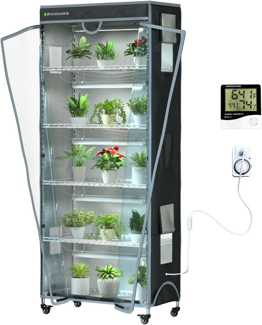 Plant Shelf Greenhouse with Grow Light, 6-Tiered Plant Stand with 5 Sets T8 Grow Lights and Cover, Thermometer, Timer, for Seedling Cultivation Reproduction Flowering, 30" L x 14" W x 72" H