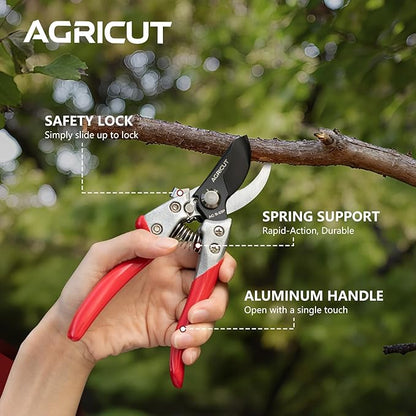 AGRICUT Pruning Shears for Gardening - 1 Inch Cut Capacity Bypass Pruners with High Carbon Steel Blade Aluminum Handle Pruning Shears Heavy Duty