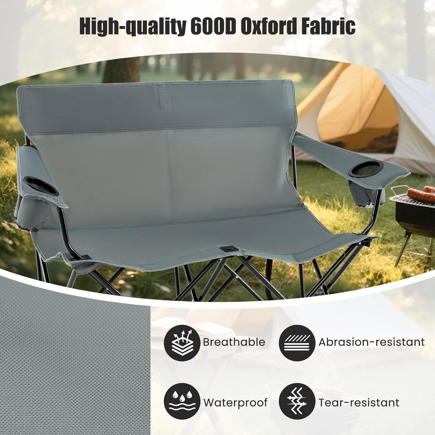 Goplus Double Camping Chair, Oversized Heavy Duty Camping Loveseat for Adults, Portable Folding 2 Person Camping Chair with Cup Holder for Outdoor Lawn Beach Backyard