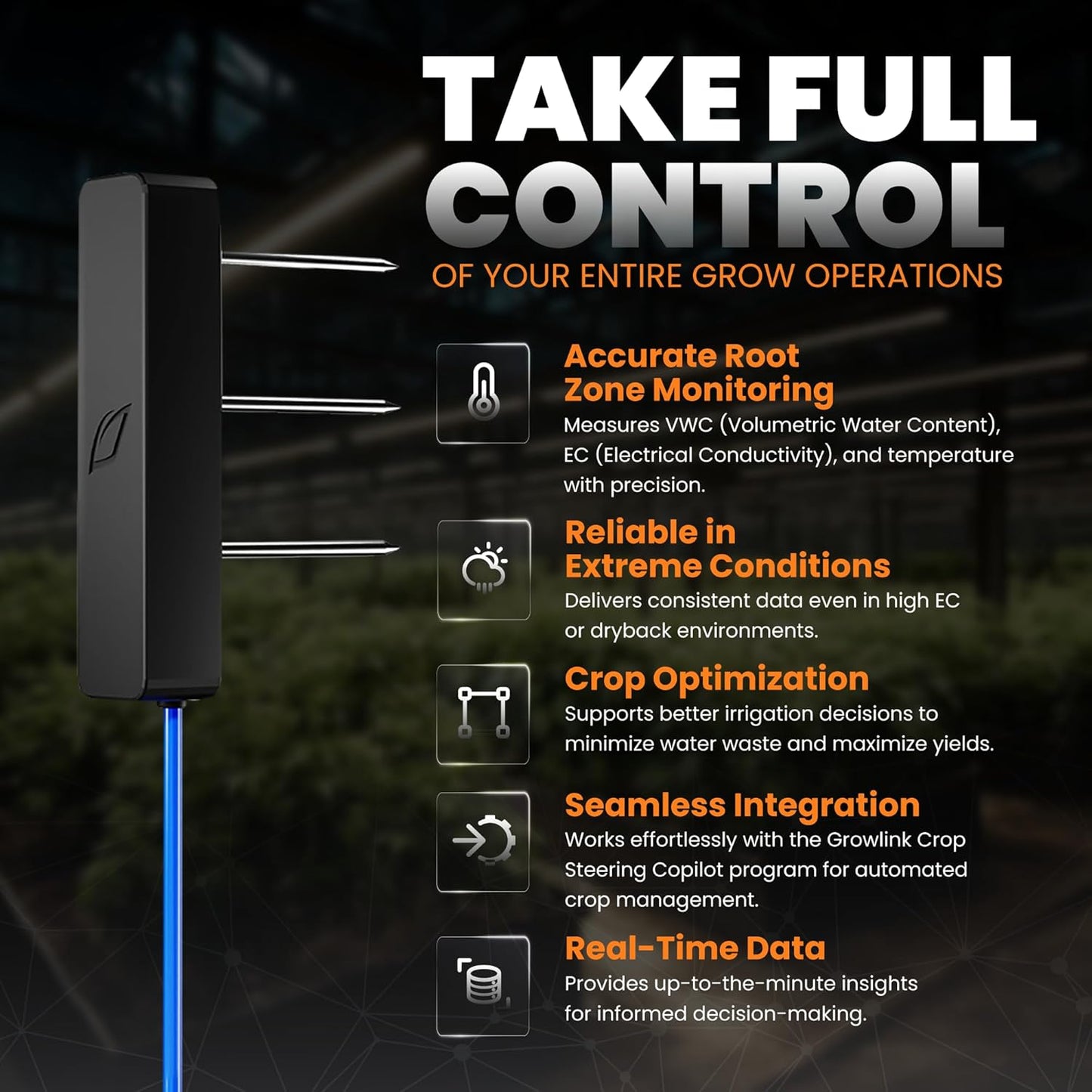 Terralink – Substrate Sensor for Soil Moisture, EC & Temperature. Root Zone Monitoring for Greenhouse Irrigation Environment Optimization – Real-Time Data for Crop Steering