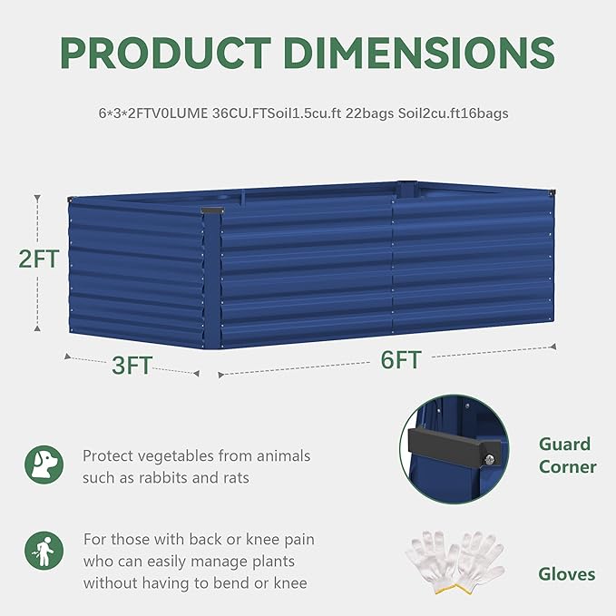 FOOWIN 2pcs 6x3x2ft Galvanized Raised Garden Bed, Planter Raised Garden Boxes Outdoor, Large Metal Raised Beds for Gardening, Garden Bed for Vegetables, Flowers, Herb,269 Gallon Capacity, Royal Blue
