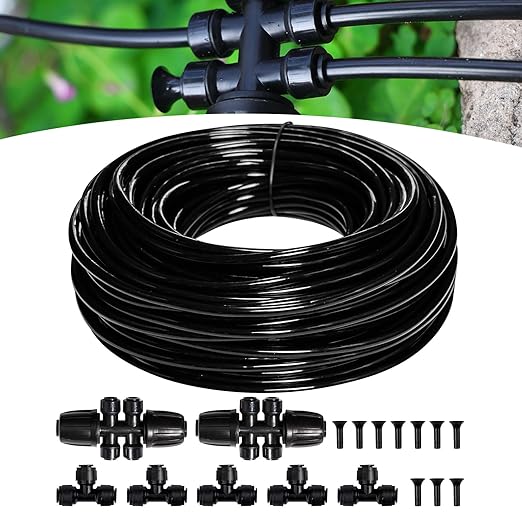 100FT 1/4 inch New Quick-Connect Drip Irrigation Kit Distribution Hose Tubing for Garden Irrigation System (Includes 2 Pcs 6-Way Connector, 5 Pcs 1/4" Tee and 10 Pcs End Plugs)