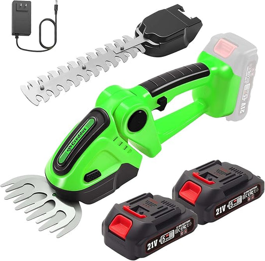 Cordless Hedge Trimmer, 2-in-1 Handheld Electric Hedge Trimmer/Grass Shears for Garden,Yard and Lawns, Shrub Trimmer with 2 PCS Rechargeable Battery&Charger (Green)