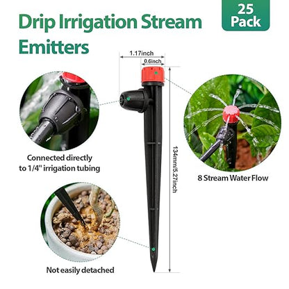 RedChili 25 Pieces Drip Emitters for 1/4" Drip Irrigation Tubing, Adjustable 360 Degree Stream Drip Emitters with Stake 360° Full Circle 8 Hole Stream Emitters Garden Irrigation Micro Drippers