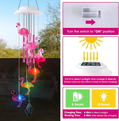 Solar Flamingo Wind Chimes, Flamingo Gifts for Women/mom/her, Glowing Top Changing Colors LED Wind Chimes for Outside, Outdoor Decoration Light for Garden Yard(Pink)