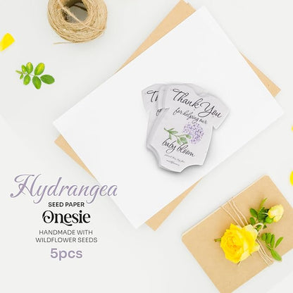 Onesie Seed Paper – 5 Hydrangea Baby Shower Favors for Guests with Wildflower Seeds, Writable & Plantable, Baby Shower Gifts for Guest