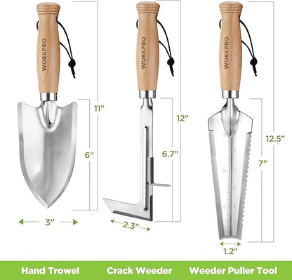 WORKPRO Garden Tool Set, 3 Pcs Gardening Hand Tools with Wood Handle, Weed Puller, Crack Weeder, Hand Trowel, for Planting, Digging, Weeding, Ideal Gardening for Women & Men