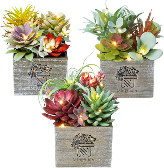 Mingfuxin Succulents Plants Artificial with Light, Small Fake Plants in Pots for Home Decor, Potted Decorative Succulents Plants for Table Desk Bathroom Office Room Decor