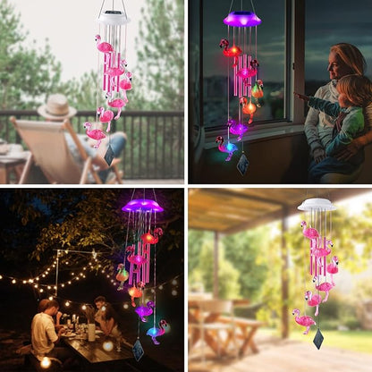 Solar Flamingo Wind Chimes, Flamingo Gifts for Women/mom/her, Glowing Top Changing Colors LED Wind Chimes for Outside, Outdoor Decoration Light for Garden Yard(Pink)