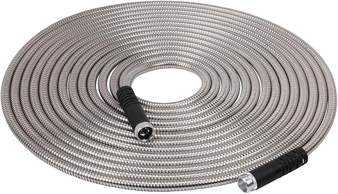 Melnor 97051AMZ XT Stainless Steel Garden Hose 5/8" x 50ft - Kink-Free - Lightweight - Rubberized Grips - Metal Twist Nozzle - Ultra Durable - Silver/Black