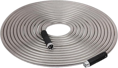 Melnor 97051AMZ XT Stainless Steel Garden Hose 5/8" x 50ft - Kink-Free - Lightweight - Rubberized Grips - Metal Twist Nozzle - Ultra Durable - Silver/Black