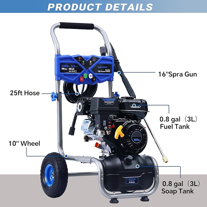 3500PSI Gas Pressure Washer, 2.3GPM Gas Powered High Pressure Washer with 209CC Engine, 4 Adjustable Nozzles, 25 ft High Pressure Hose for Cleaning Walls, Terraces, Vehicles, Garden (Blue)