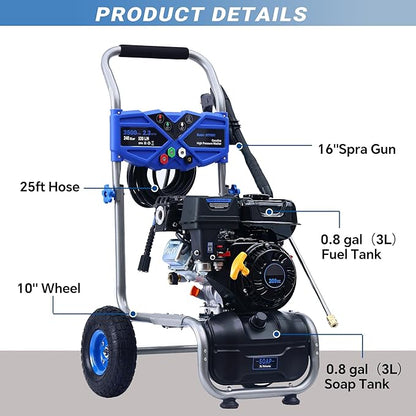 3500PSI Gas Pressure Washer, 2.3GPM Gas Powered High Pressure Washer with 209CC Engine, 4 Adjustable Nozzles, 25 ft High Pressure Hose for Cleaning Walls, Terraces, Vehicles, Garden (Blue)