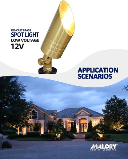 MALORY Brass Landscape Spotlight,12V AC/DC Low Voltage LED Landscape Lighting,Waterproof Spot Up Light for Garden,Patio and Yard (4-Pack with Bulb)