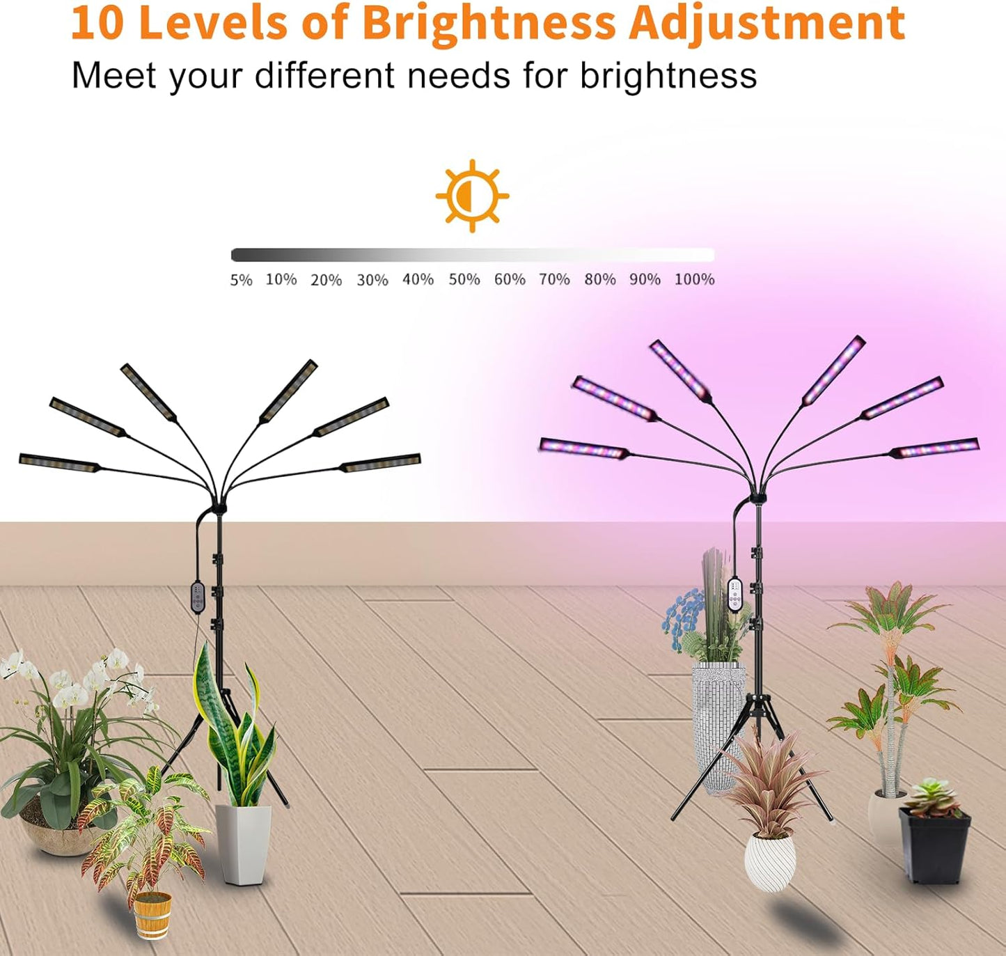 Grow Lights for Indoor Plants Full Spectrum, 6 Heads 342 LED Plant Light with Auto On/Off Timer, 10-Level Dimming & Adjustable Stand for Houseplants, Home Gardeners