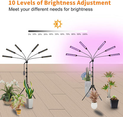 Grow Lights for Indoor Plants Full Spectrum, 6 Heads 342 LED Plant Light with Auto On/Off Timer, 10-Level Dimming & Adjustable Stand for Houseplants, Home Gardeners