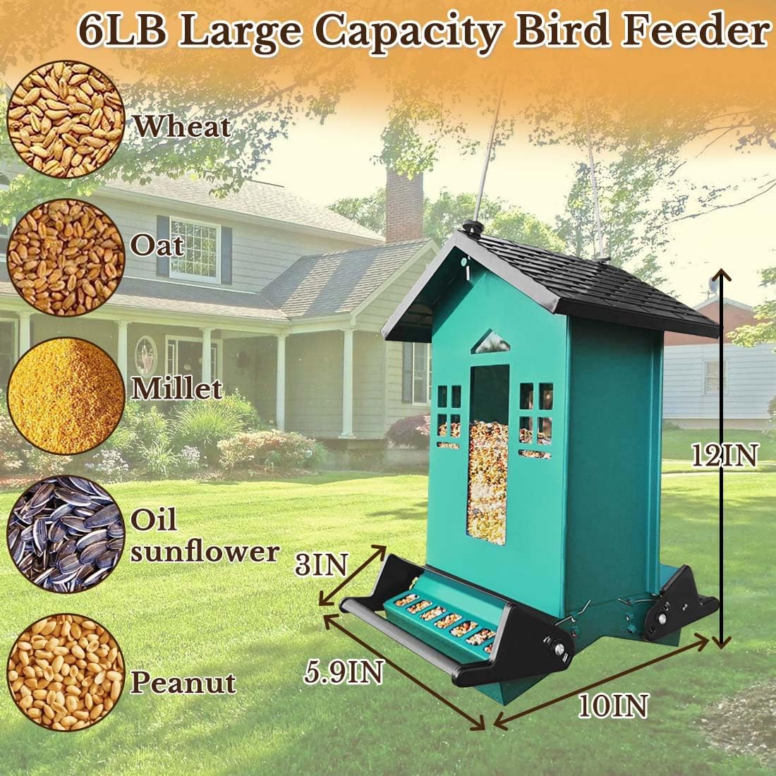 Squirrel Proof Bird Feeder for Outside, Bird Feeders for Outdoors Hanging 5 Lbs Seed, Wild Bird Feeder Large Capacity (Green)