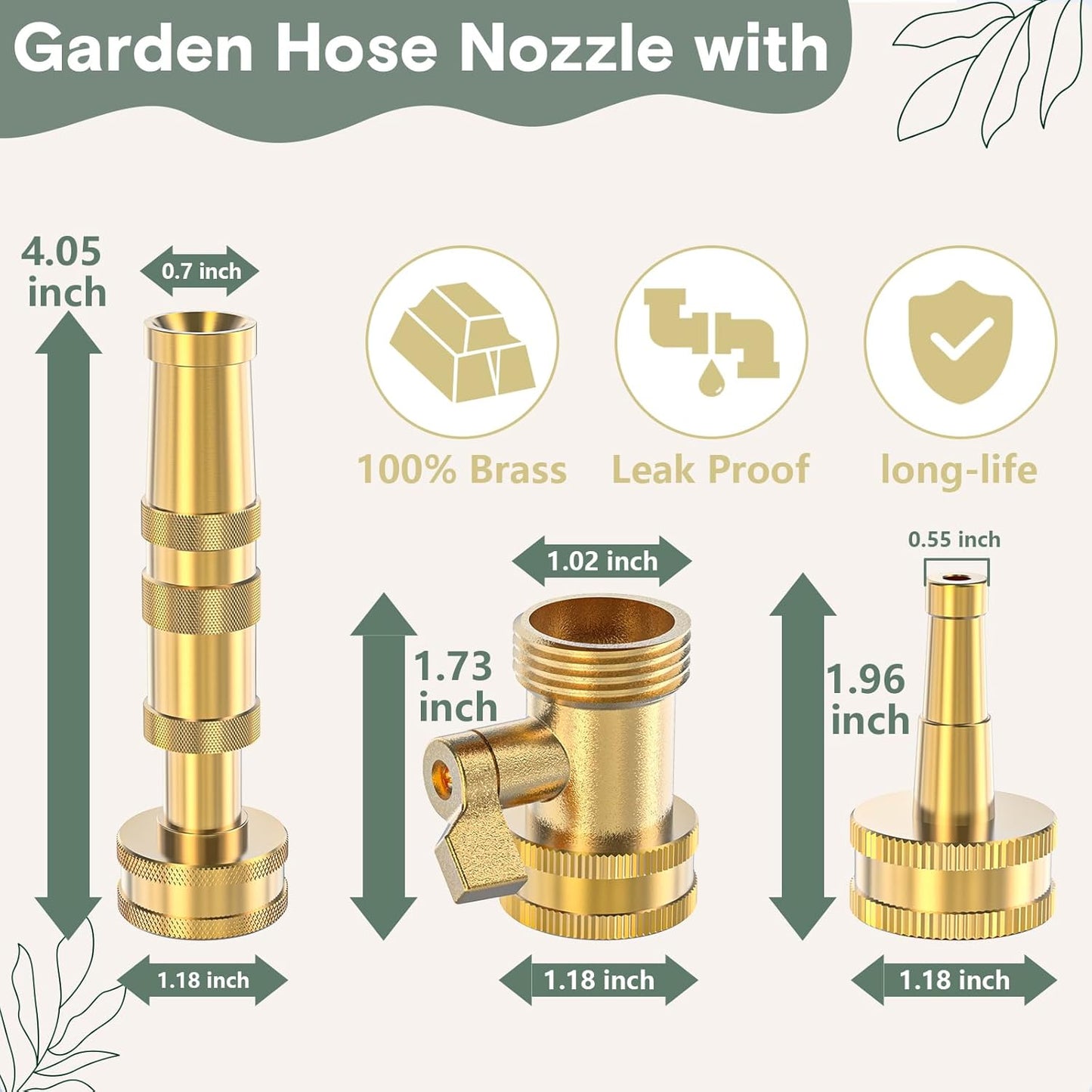 Twinkle Star Heavy-Duty Brass Adjustable Twist Hose Nozzle, High Pressure Hose Nozzle with On-Off Valve, Leakproof Operation 3/4" GHT Connector 3 Pack