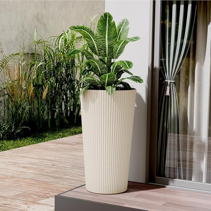 23.6" Tall Planters for Outdoor Plants,Large Outdoor Planters for Front Porch Decor with Drainage Hole, Flower Pots Fits Indoor Plants Patio/Garden, Plastic Striped Off-White (2 Pack)