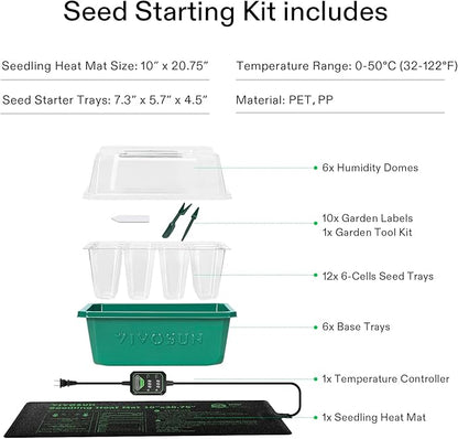 VIVOSUN 6-Pack Seed Starter Trays with 10"x20.75" Seedling Heat Mat, Self-Adjusting Dual Digital Display Temperature Controller, 72-Cell Seed Starter Kit with Humidity Dome, Reusable Propagation Trays