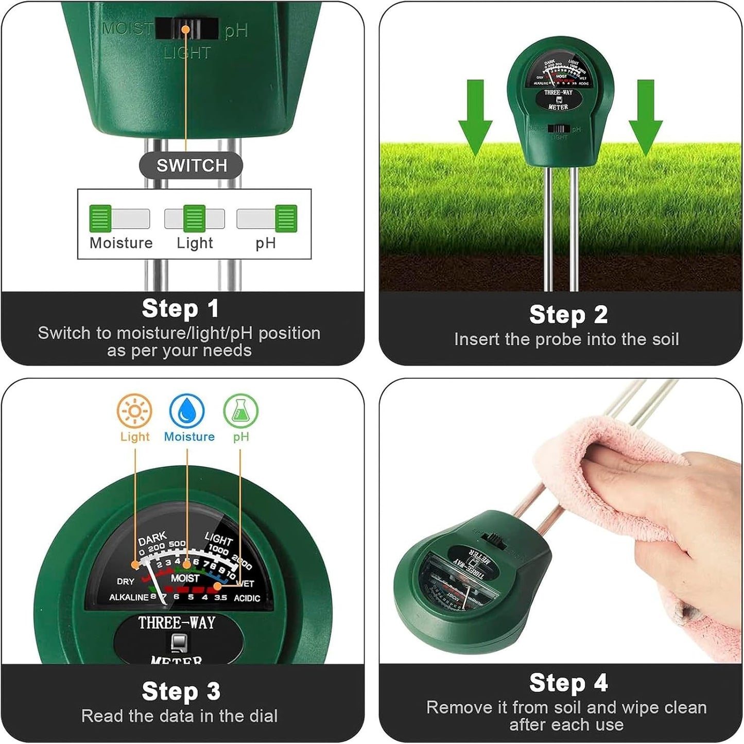 3-in-1 Soil pH Meter - Moisture, Light, and pH Tester for Garden, Lawn, Farm, Indoor & Outdoor Plant Care, Green