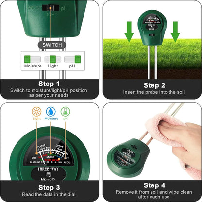 3-in-1 Soil pH Meter - Moisture, Light, and pH Tester for Garden, Lawn, Farm, Indoor & Outdoor Plant Care, Green