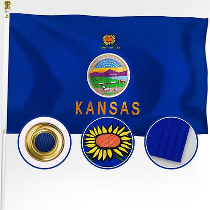 XIFAN Premium Kansas State Flag 3x5 ft Outdoor, Double Sided Embroidered Pattern, Heavy Duty 210D Nylon KS Flags, the Strongest Longest Lasting for Outside with Sewn Stripes/Brass Grommets