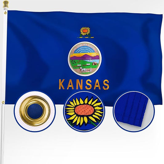 XIFAN Premium Kansas State Flag 3x5 ft Outdoor, Double Sided Embroidered Pattern, Heavy Duty 210D Nylon KS Flags, the Strongest Longest Lasting for Outside with Sewn Stripes/Brass Grommets