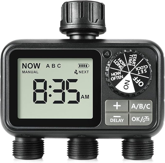 Sprinkler Timer,3 Outlets Programmable Water Timer with Brass Inlet for Garden Hose,Outdoor with Rain Delay/Manual/Automatic Watering System,Digital Irrigation Timers for Yard,Lawn